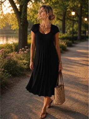 Parkhurst Black Dress Sz L Pleated  Cap Sleeve Knit Stretch Flowy Casual